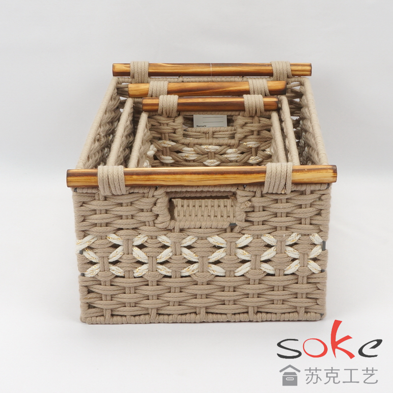 Cotton Rope Hand- Woven Basket with Wooden Handles