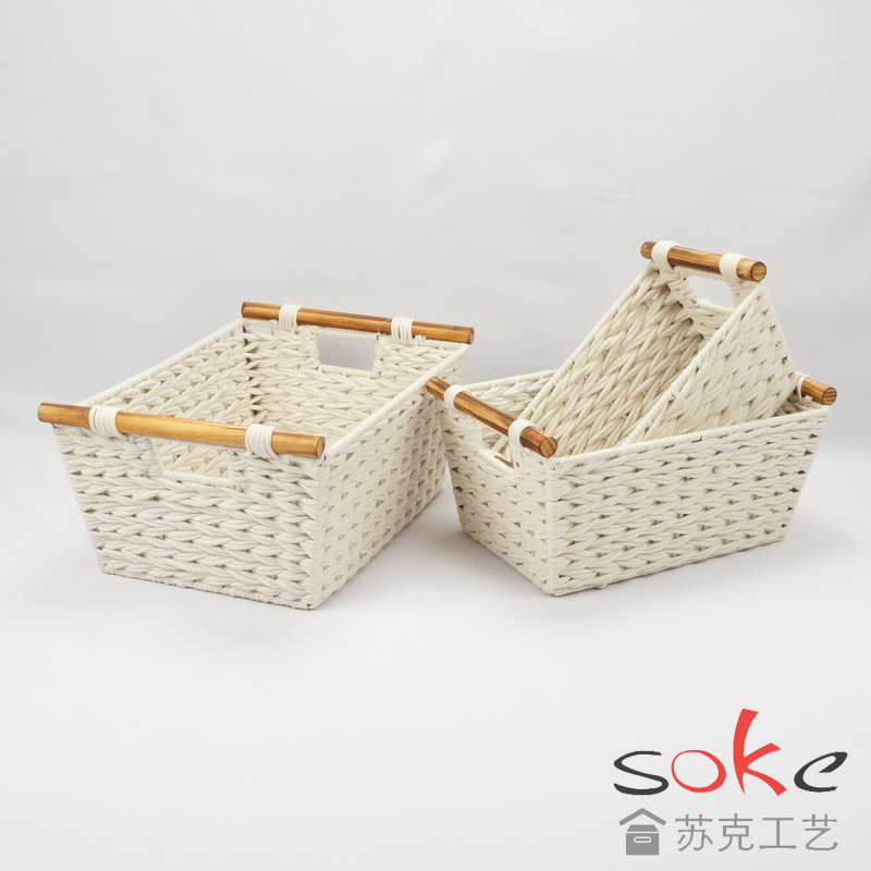 Cotton Rope Hand- Woven Basket with Wooden Handles